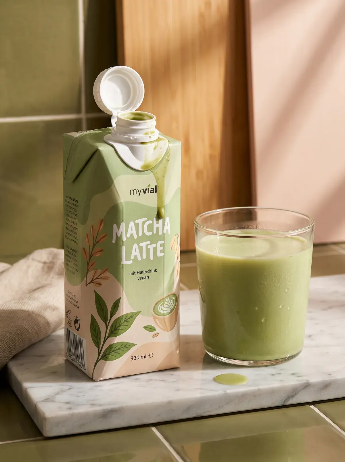 Geöffnete Packung myvial Matcha Latte neben einem vollen Glas auf einer Marmorplatte