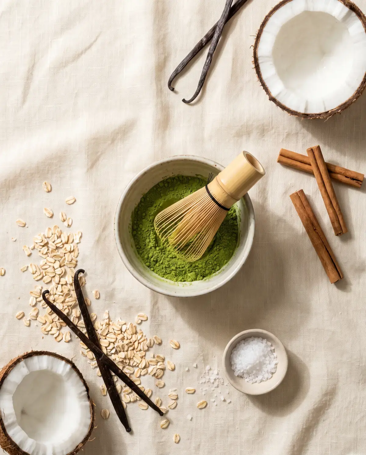 Zutaten des Matcha Latte von oben: Matcha-Pulver mit Bambusbesen, Haferflocken, Kokosnuss, Vanille, Zimt und Meersalz