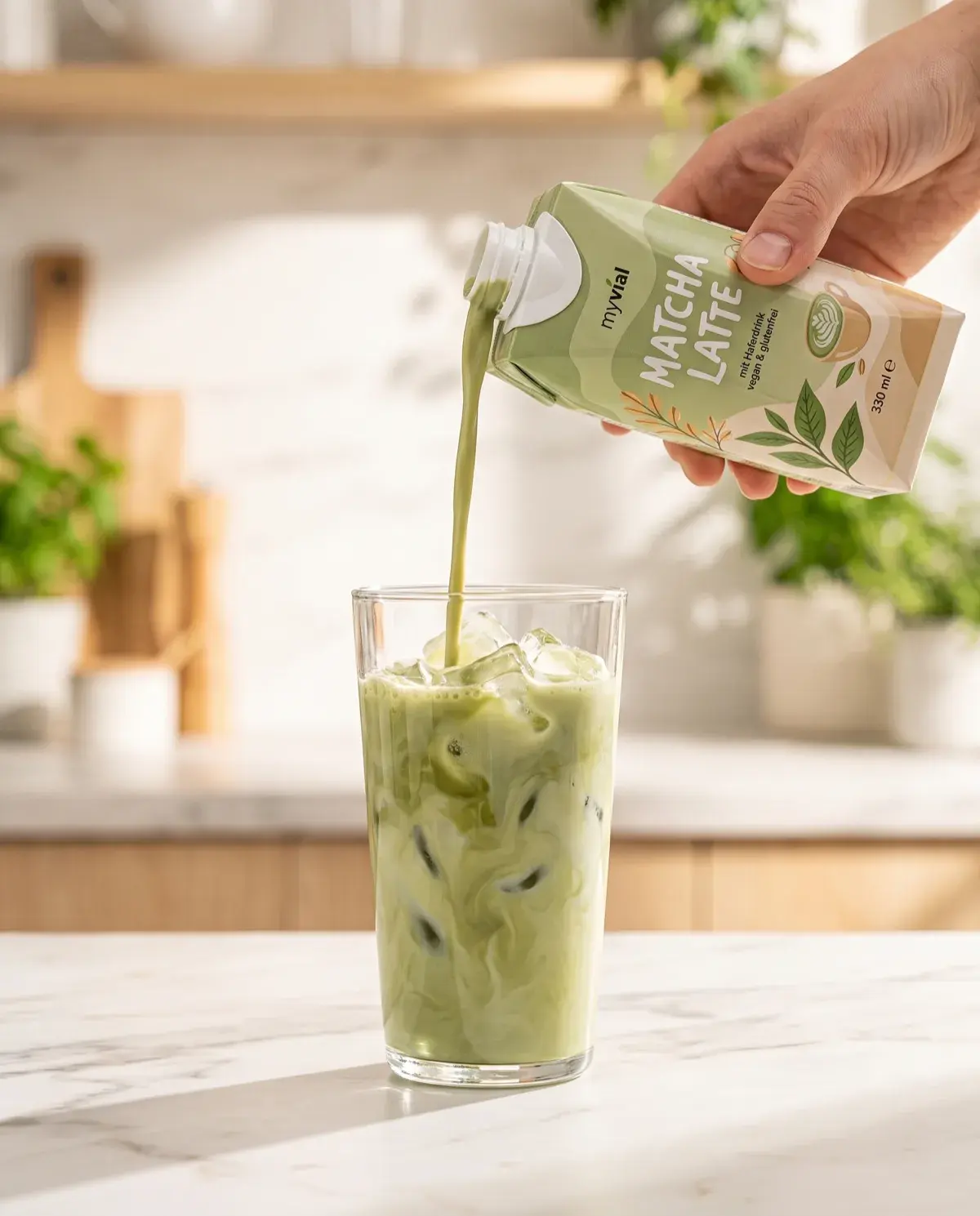Matcha Latte wird aus der myvial Packung in ein Glas mit Eiswürfeln gegossen