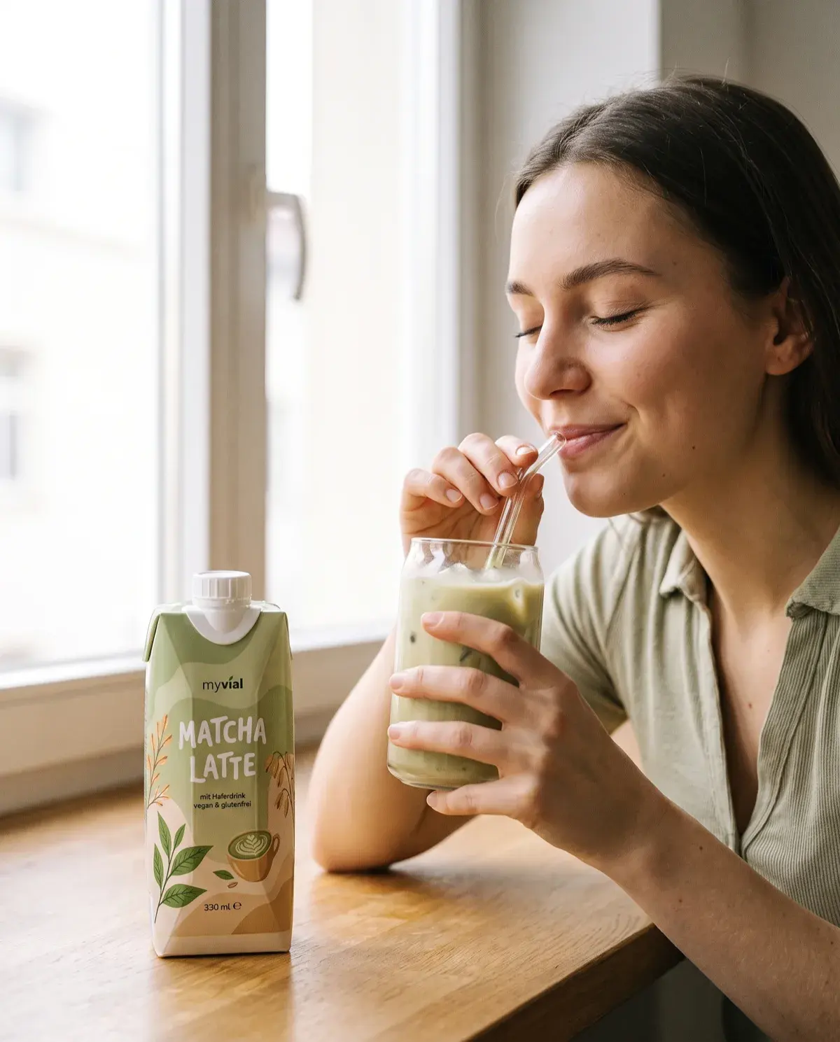 Junge Frau genießt mit geschlossenen Augen den ersten Schluck Iced Matcha Latte am Fenster