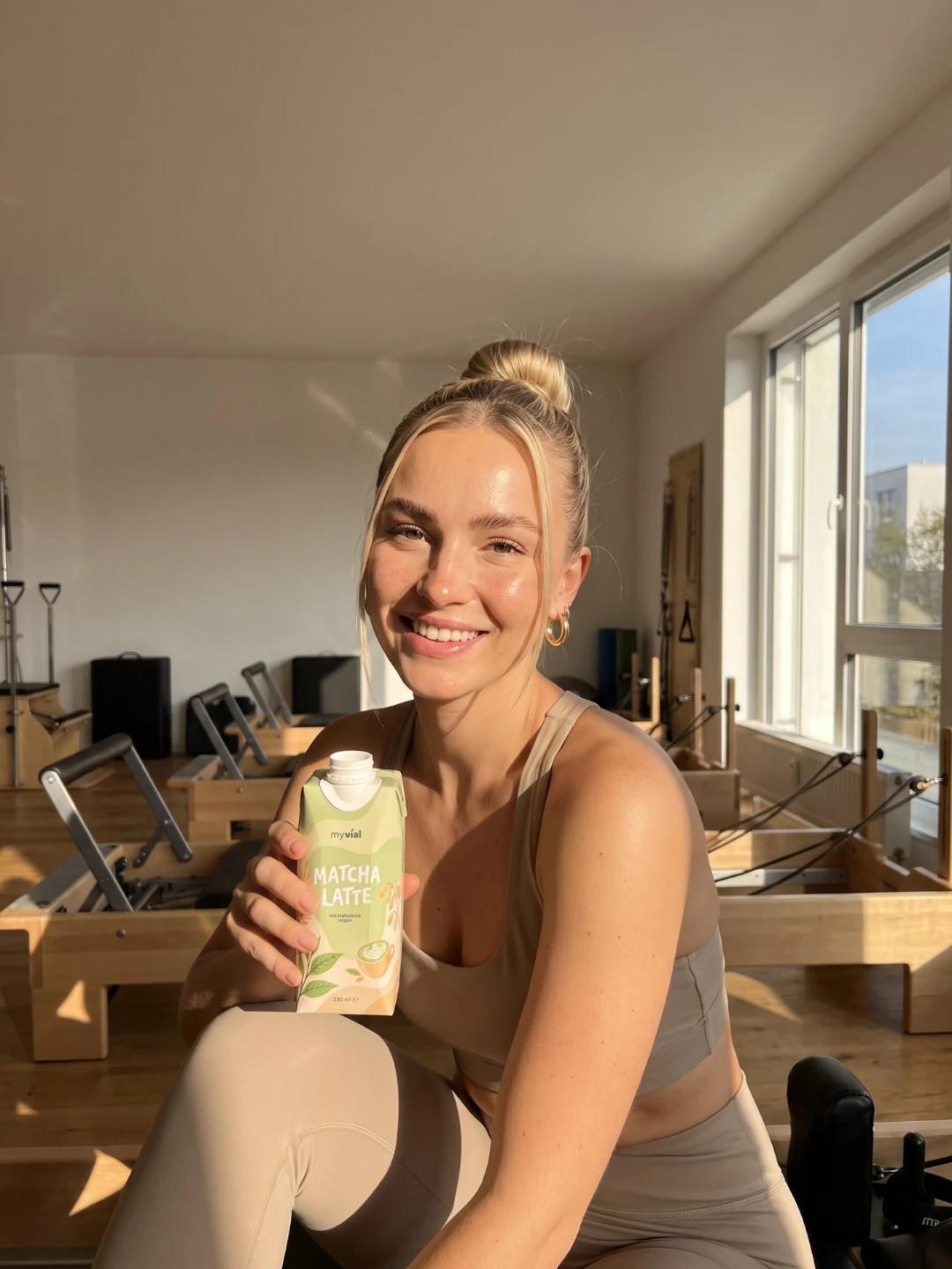 Frau sitzt nach dem Pilates auf dem Reformer und hält den myvial Matcha Latte in der Hand